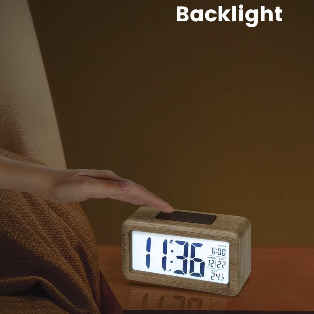 Цифровой будильник Деревянные прикроватные часы с большим ЖК-дисплеем с подсветкой, температурой, функцией повтора, датчиком яркости