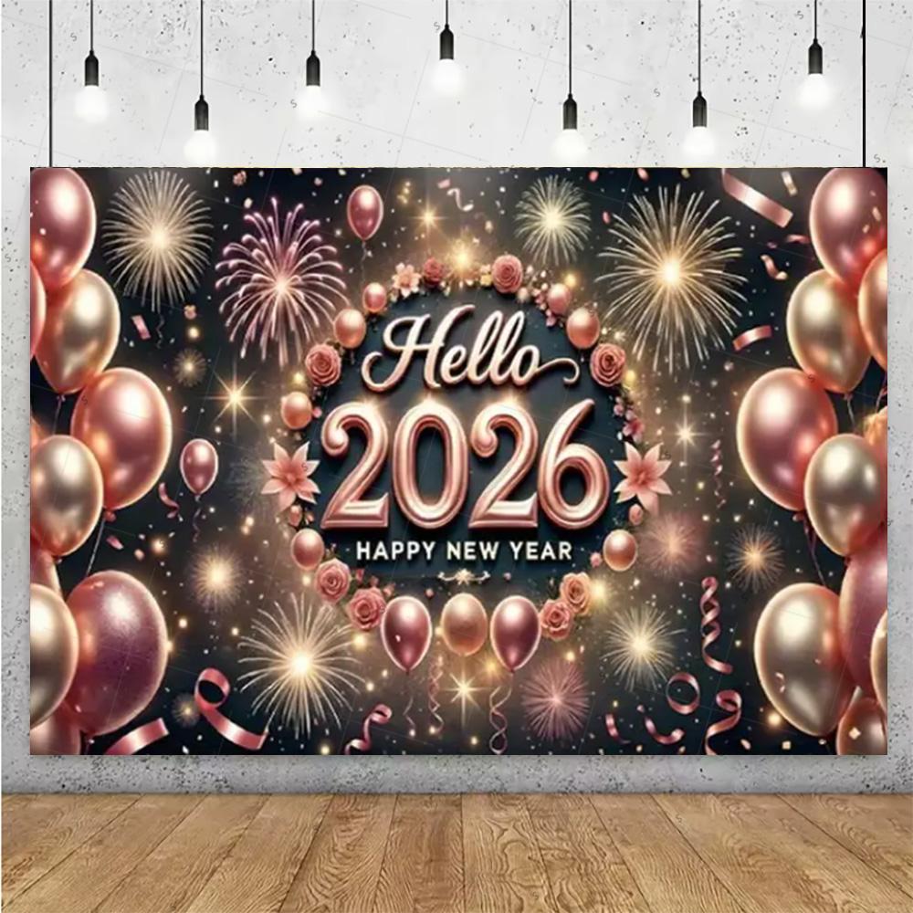 Glittering 2026 Happy New Year Backdrop Supplies Firework Ribbon Balloon Background New Year Party Decoration Photo Shoot Props