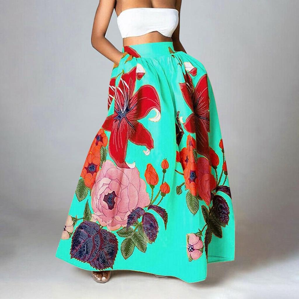 Женская мода с цветочным принтом, свободная полуюбка с высокой талией, пляжное удлиненное платье