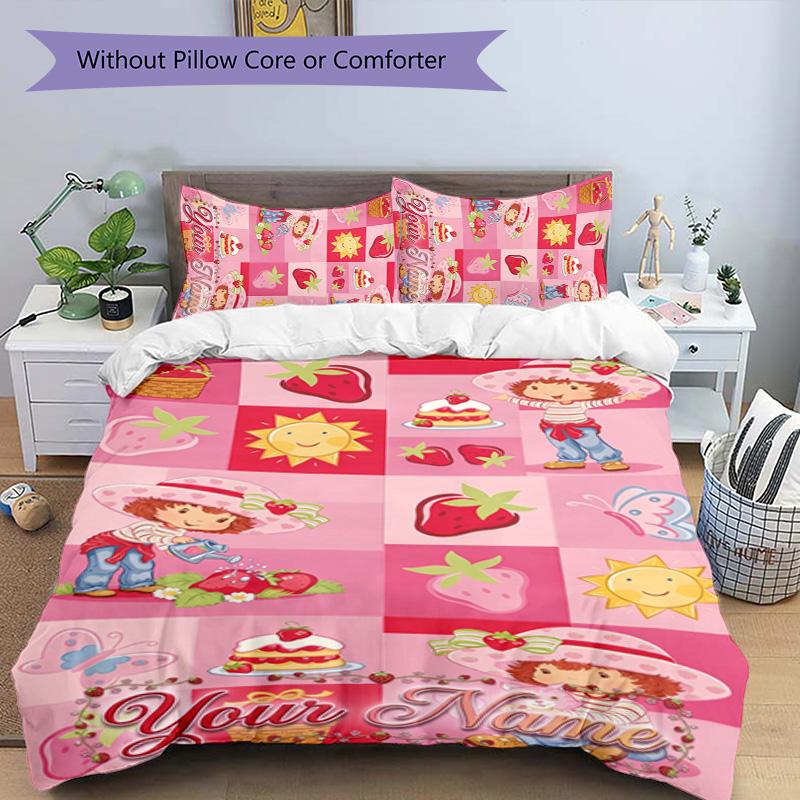 3pcs Princess Strawberry Cover Set - Personalized Name, HD Printed Bedding with 1 Cover and 2 Pillowcases - Perfect for Home Decor, Easy Care