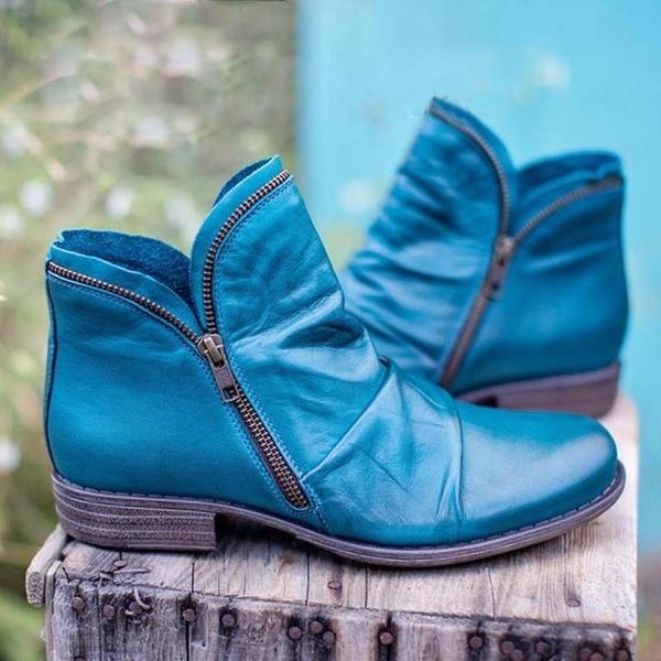 Women's Fashion Chunky Low Heel Zipper Ankle Boots Solid Color Faux Leather Short Boots Casual Flats Autumn and Winter Ladies Slip On Shoes