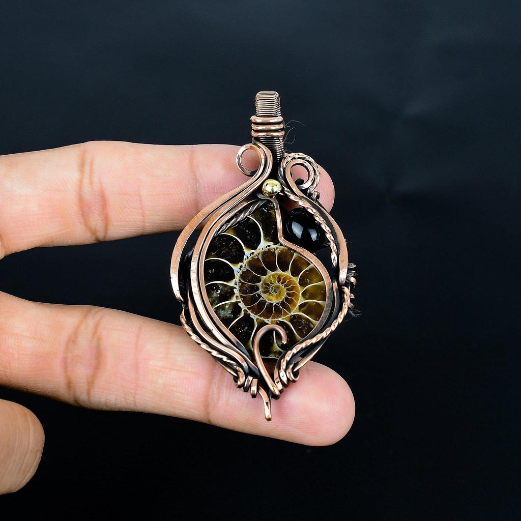 Ammonite Fossil & Black Onyx 999 Copper Wire Wrapped Pendant, Handmade Gemstone Jewelry Pendant For Memorial Day