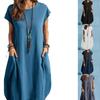 Women's Summer Round Neck Short Sleeve Cotton Linen Dress Loose Casual Fashion Solid Color Dresses
