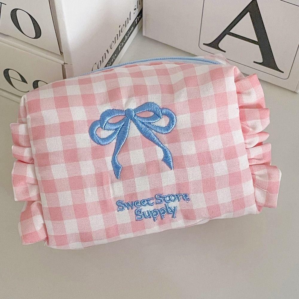 Large Capacity Travel Toiletry Bag Ruffle Edge Checkered Coin Purse Portable Women Cosmetic Bag