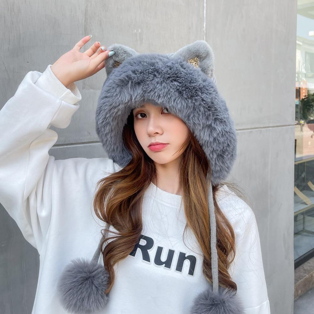 Шапка-ушанка Теплые вязаные шапки Кошачьи ушки Утепленная шапка Новая меховая шапка-бини Женщины