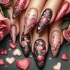 24 шт. Наклейки на ногти в форме сердца ко Дню святого Валентина, Полное покрытие, Накладные ногти, Средний миндаль, Акриловые ногти, Накладные ногти для женщин
