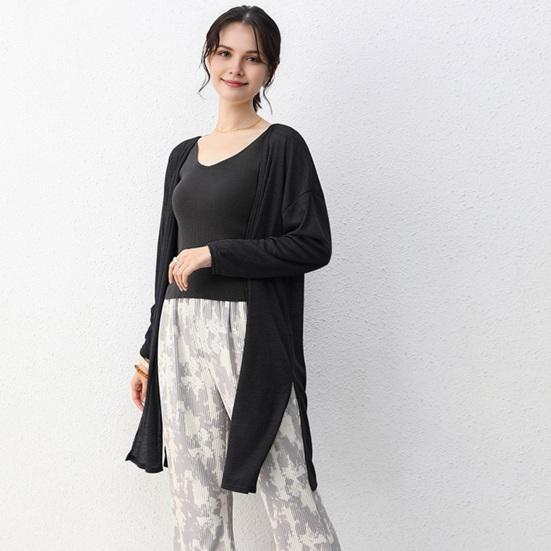 Женское повседневное пальто без воротника с длинным рукавом и открытой строчкой, кардиган средней длины, однотонное тонкое солнцезащитное пальто