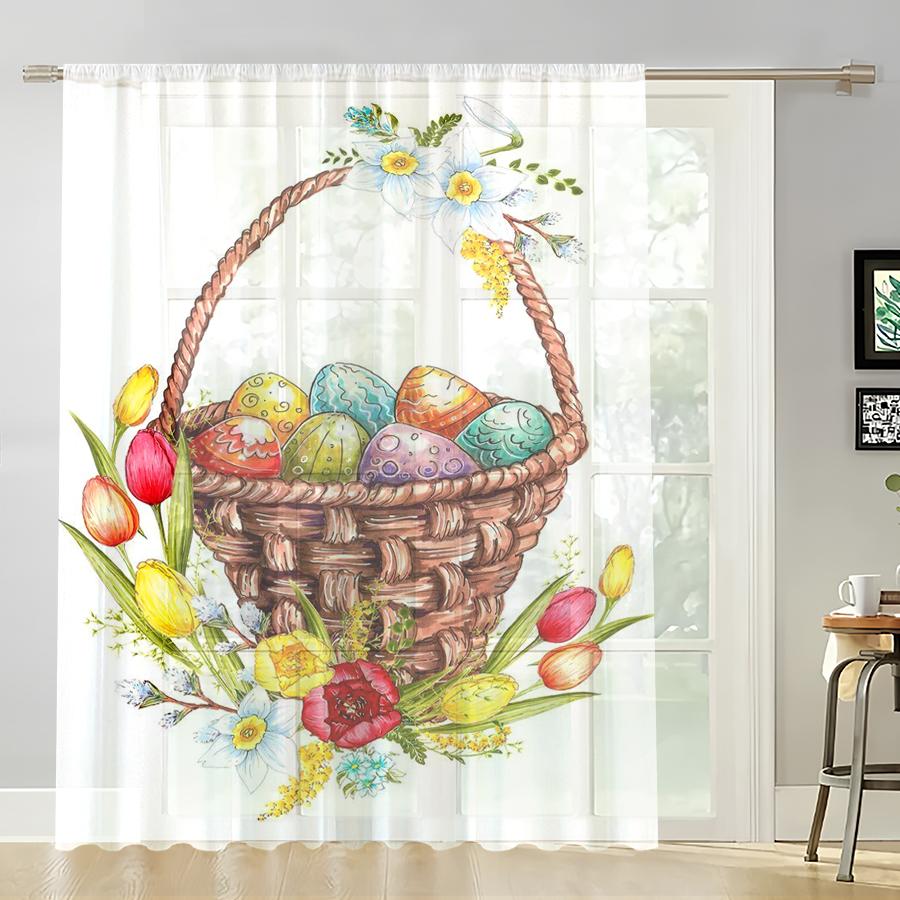 1PC transparent curtains, Easter egg flower pattern basket, suitable for bedrooms and living rooms, pole bag style
