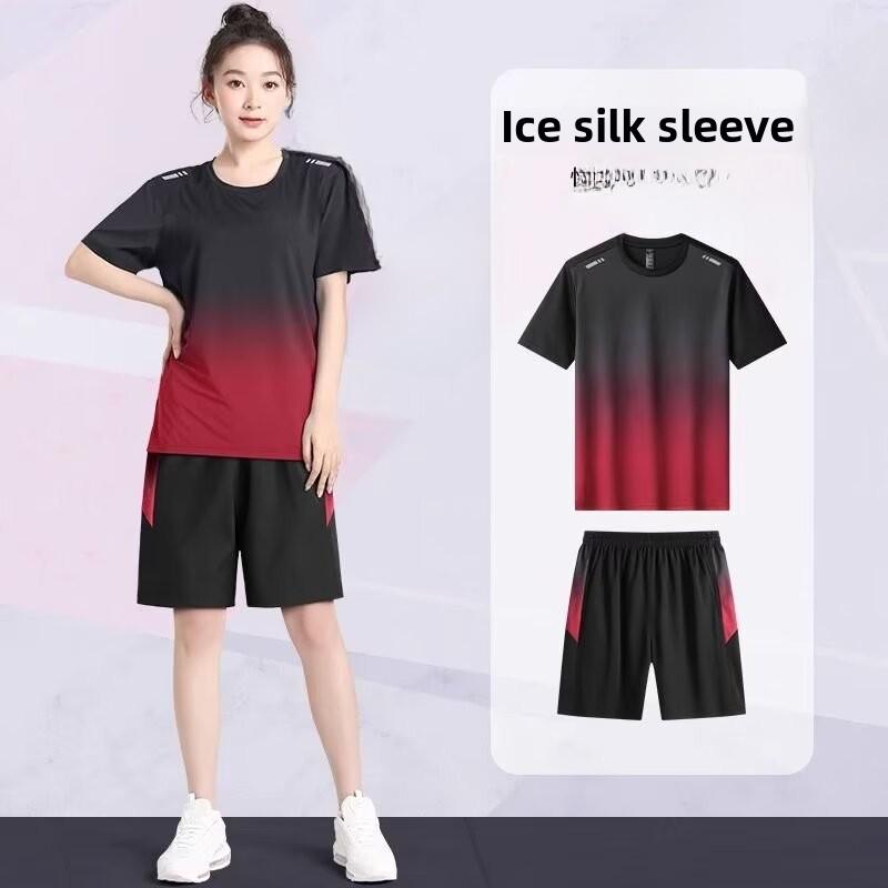Унисекс быстросохнущий повседневный беговой костюм Ice Silk - большой размер, короткий рукав