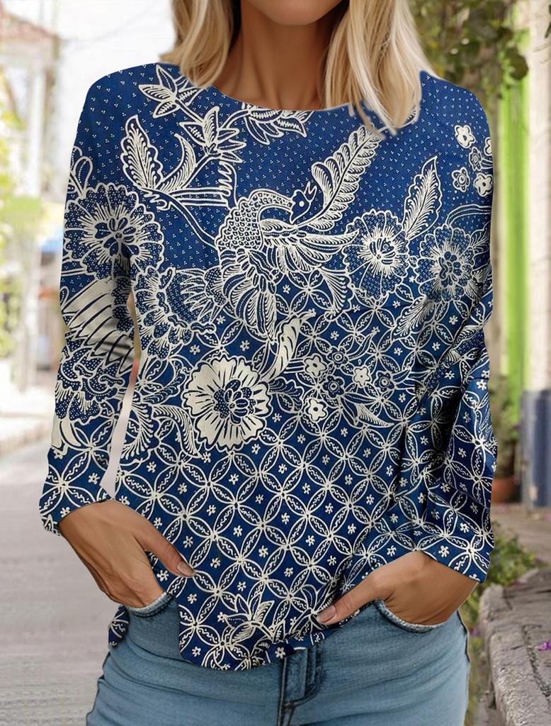 2024 Женские гавайские ретро-модные топы с длинным рукавом и круглым вырезом, повседневная футболка с длинным рукавом, дизайнерская новинка