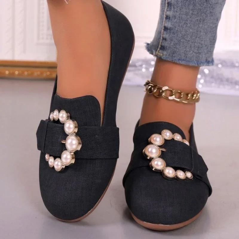 2024 Fashion Shoes for Women Slip On Women's Flats Spring Round Toe Solid Denim Bead Decoration Shallow Mouth Commuting Flats