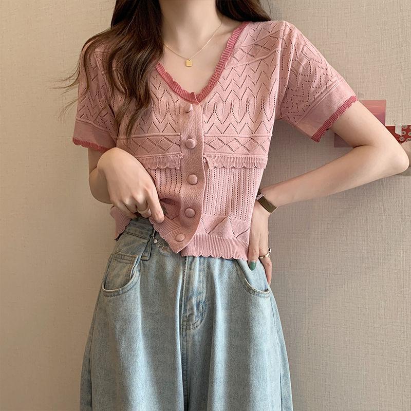 Футболка Ice Silk с короткими рукавами для женщин, летняя, тонкая, с уникальным дизайном, закрывающим живот. Укороченный ажурный трикотажный топ