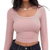 Square Collar Long Sleeve Casual Women T Shirts Green Autumn Skinny Sexy Solid Basic Crop Tops Fashion Streetwear
