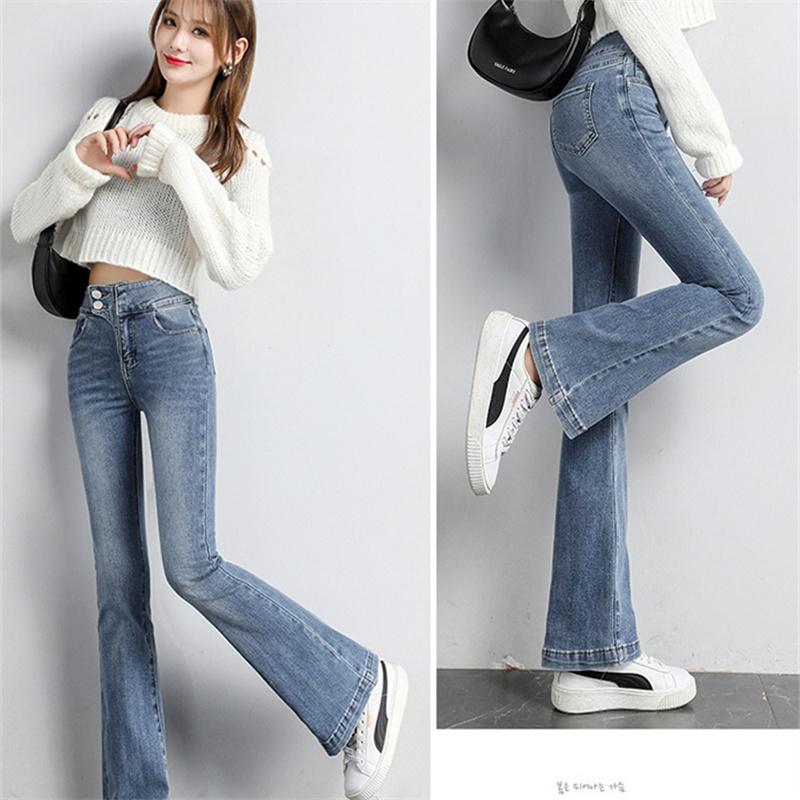 2022 Autumn Winter High Waist Fashion Leisure Simple Comfortable Jeans For Women  Trumpet Pant Retro Elastic Style Denim Trouser