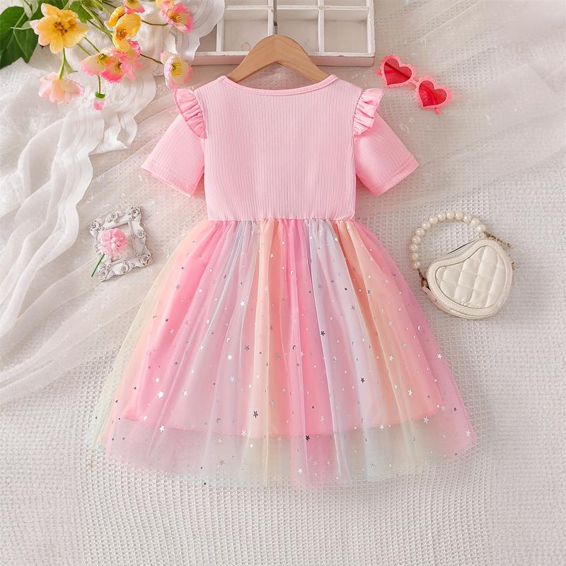 Girls Star Tulle Dress,Little Rabbit Print, Cute Princess Party Dress with Bow, Short Sleeve Summer Dress for Little Girls