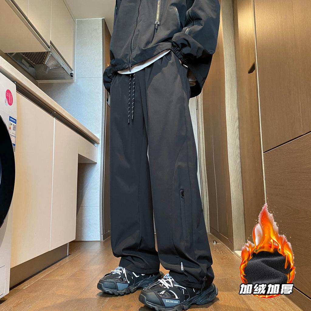 Forward Men's Winter Plus Velvet Thickened Warm Zipper Waterproof Hiking Pants Loose Straight Casual Trousers