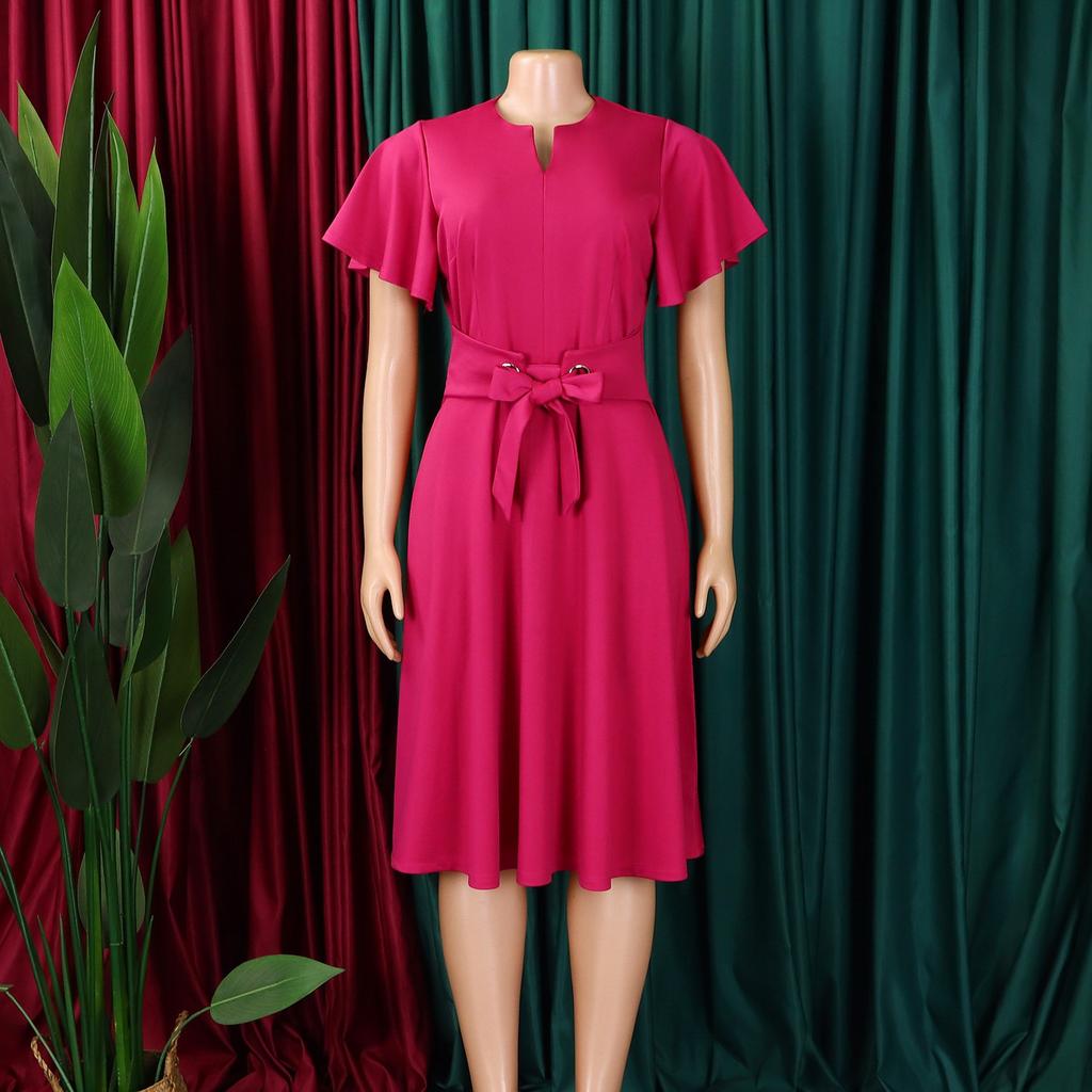 Office Ladies Dresses Short Sleeve Plus Size Xxxl Pleated Mid Calf Fashion Professional Female Dress