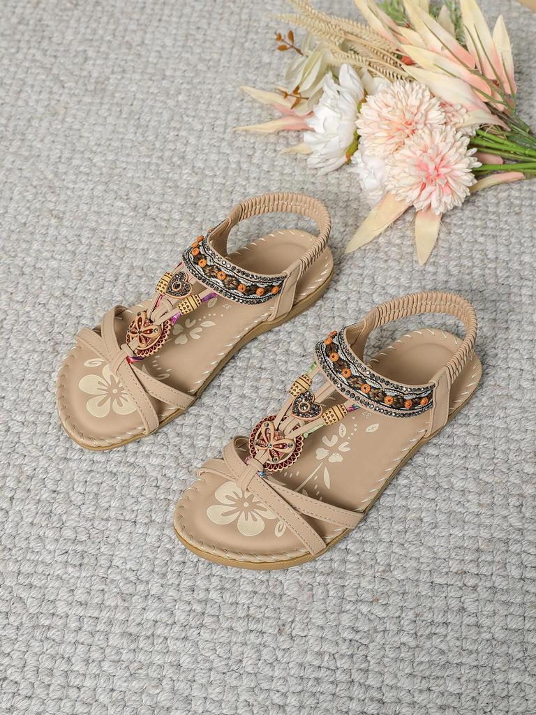 Bohemian Spring 2024 Rhinestone Flower Open-Toed Sandals for Outdoor Beach