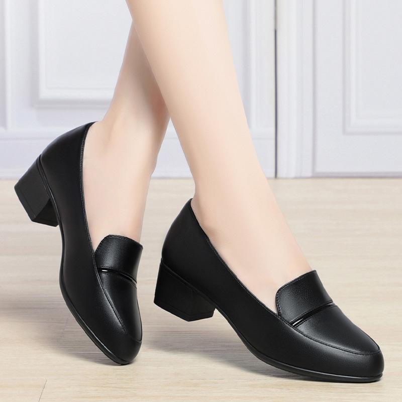 Women's High Heels Fashion Pumps Shoes Woman Genuine Leather Casual Single Shoes Comfortable Thick Heel Mother Shoes