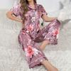 Luxurious Satin Pajamas for Women Flower Print Sleepwear   Autumn Short Sleeve Lapel Collar Top Pants Pyjama Home Clothes