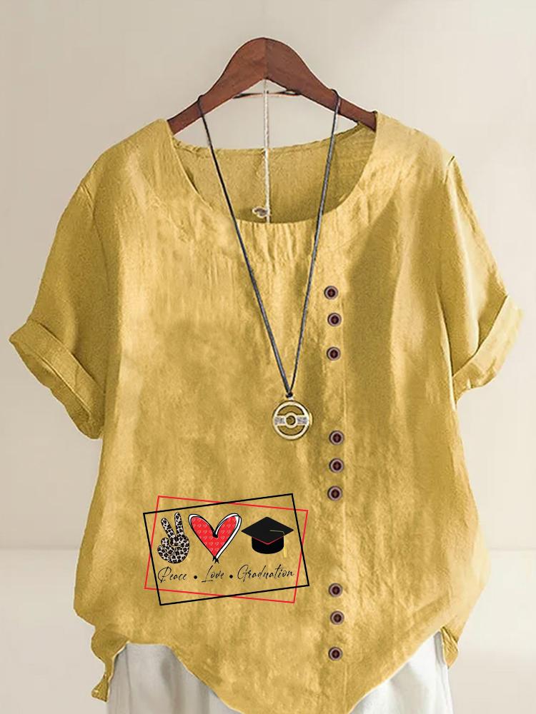 Women's Fashion Love Print Shot Sleeve T-shirt Loose Cotton Shirt Casual Loose Summer Blouse Tops Plus Size