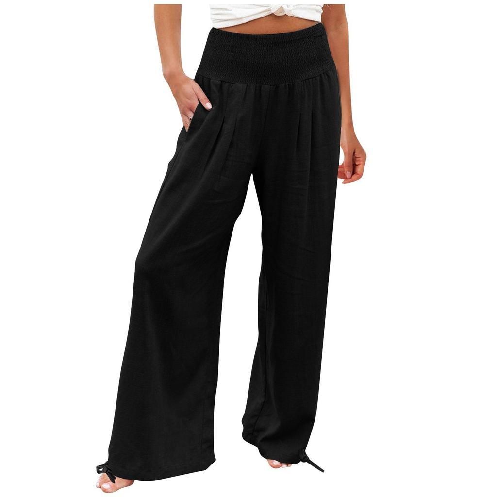 Women's 9-pant Casual Loose High Waist Cotton Linen Wide Leg Long Pants With Pockets
