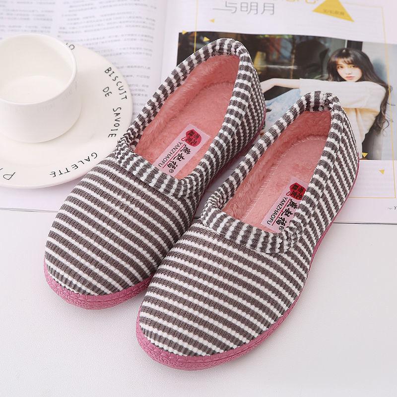 Зимние хлопковые тапочки. Женская хлопковая обувь. Сумка на каблуке. Милые домашние хлопковые тапочки в полоску. Нескользящая теплая плюшевая хлопковая обувь с низким берцем.