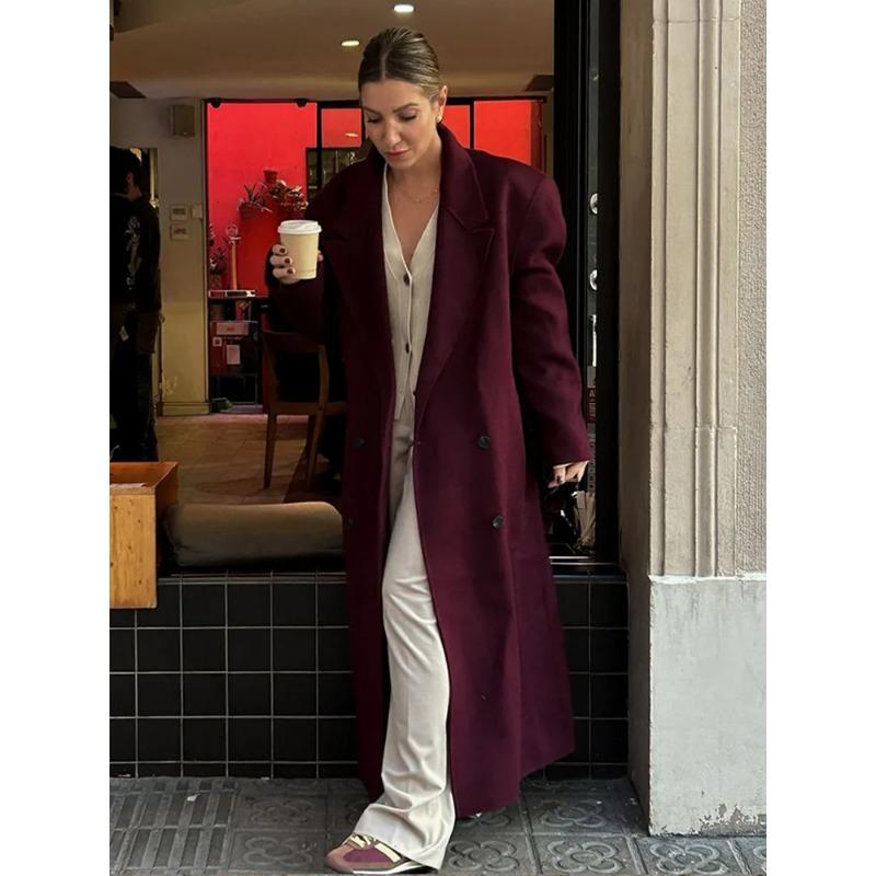 Elegant Double-breasted Woolen Long Coat Women Fashion with Pockets Full Sleeves Overcoats New Female High Streetwear