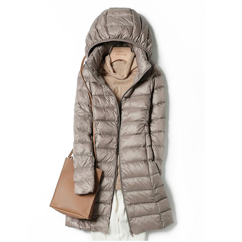 Winter Womens Down Jackets Long Ultra Light Thin Casual Coat Puffer Jacket Slim Remove Hooded Parka