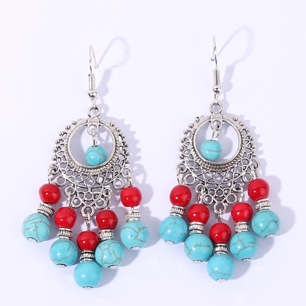 Ethnic Simulation Turquoise Beaded Earrings With Silver Filigree For Casual Wear