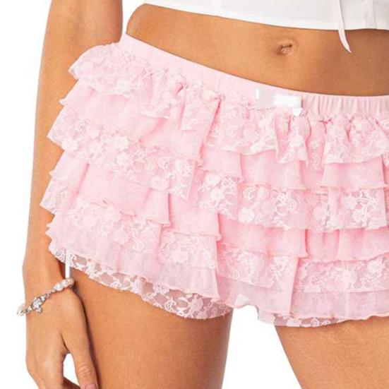 Women Lace Ruffle Bloomer Skirt Multi Layered Fairy Safety Shorts Elastic Waistband