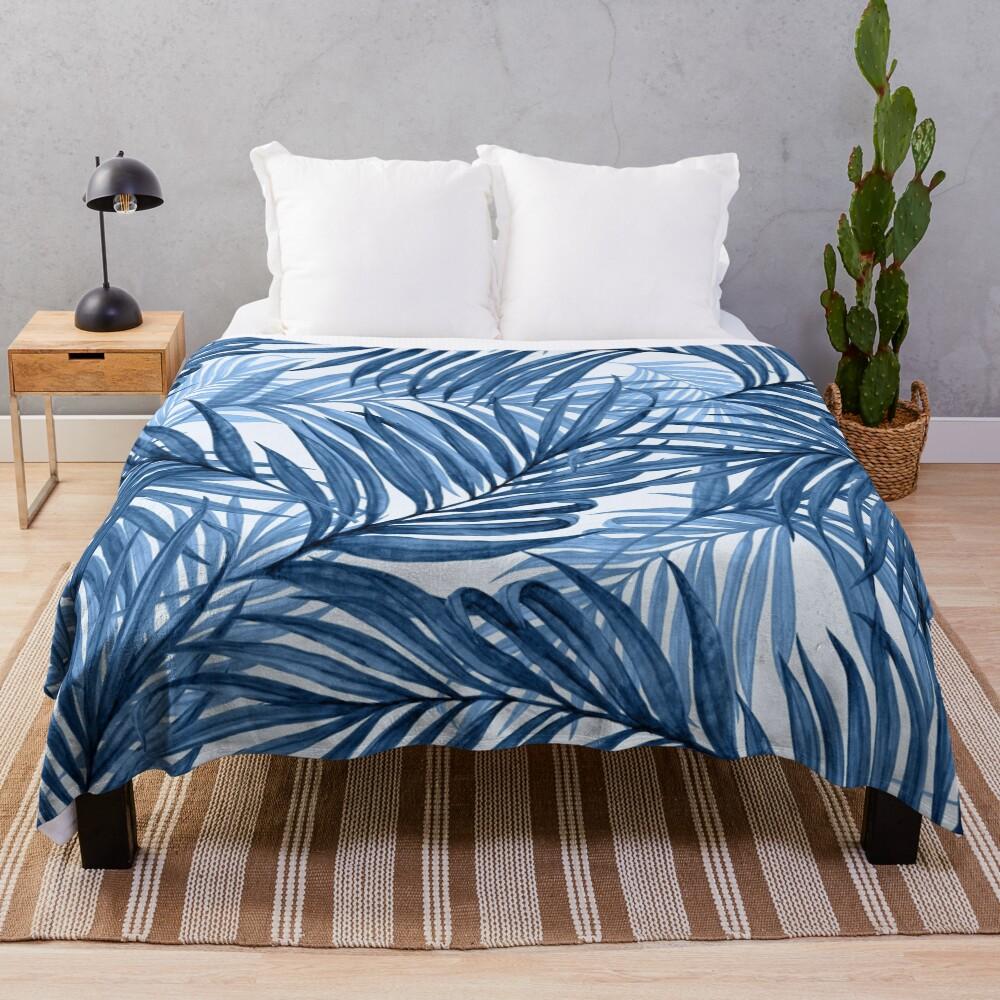 Vintage Palm Leaves blue on white Throw Blanket