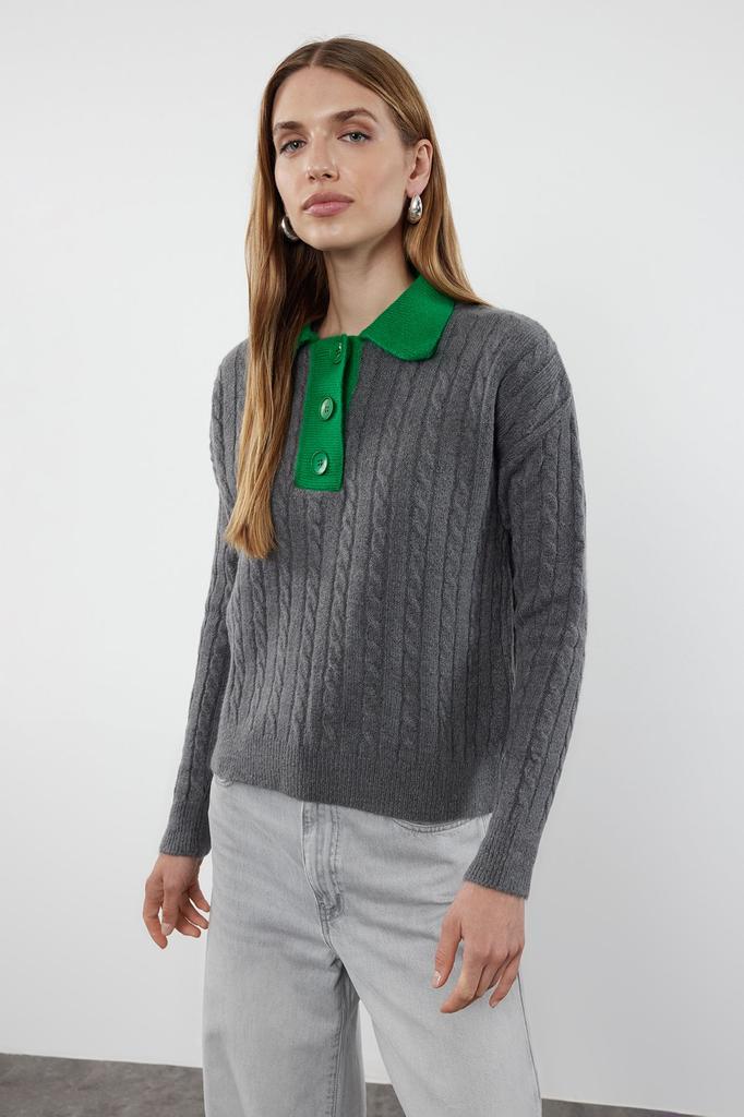 Women's Fashion Stylish Sweater Stone Soft Textured Polo Neck Color Blocked Knitwear Sweater