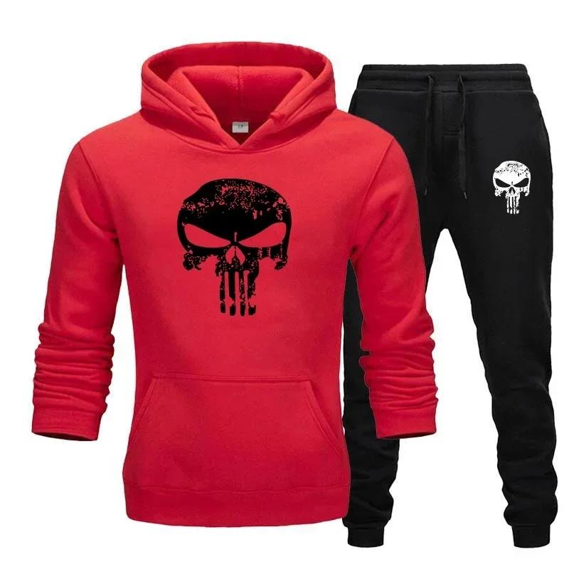 Мужской комплект: Худи и Джоггеры Worn-skull. Винтажный царапанный принт черепа на груди худи, тонкий рисунок кости на штанах. Теплый флисовый костюм для активного отдыха и дневных поездок.