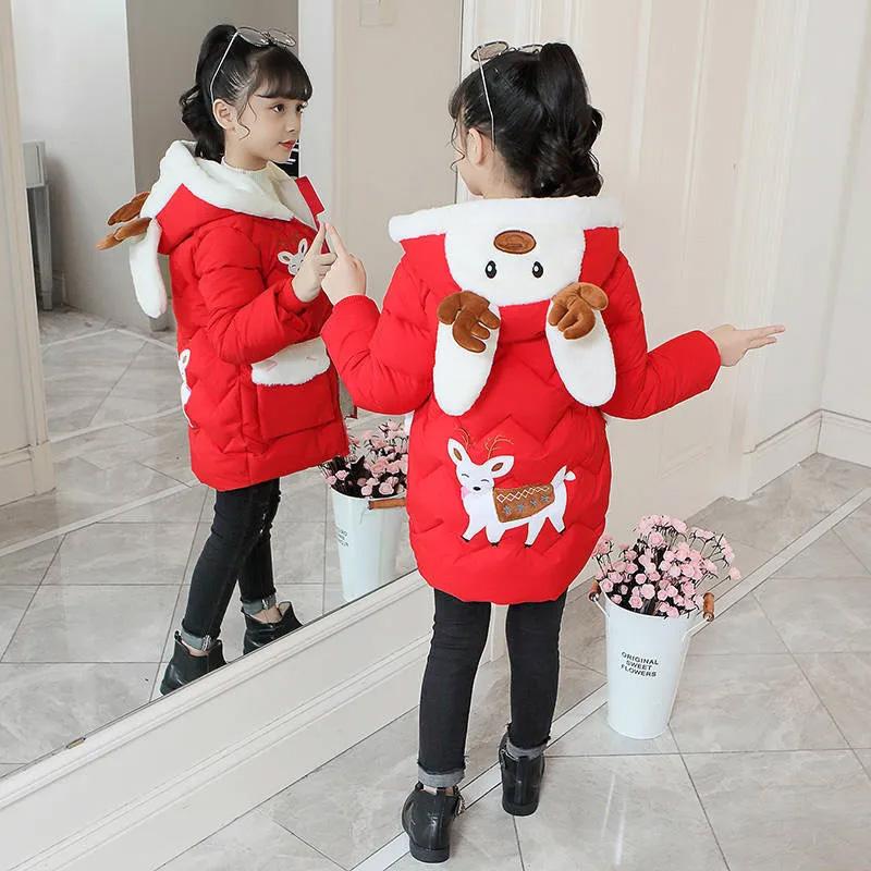 Одежда для девочек на хлопковой подкладке, модная одежда в корейском стиле с вышивкой на хлопковой подкладке, детская зимняя утолщенная куртка с большим меховым воротником на хлопковой подкладке