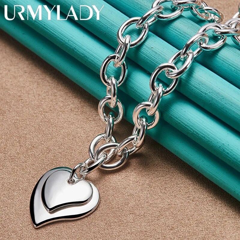 URMYLADY стерлингового серебра 925 пробы с двойным сердцем 18 дюймов кулон ожерелье для женщин свадьба помолвка модные украшения