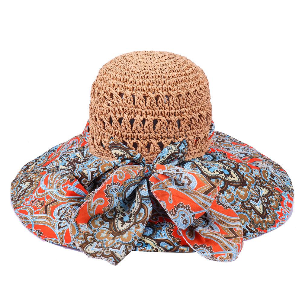 Fashion Sun Hat For Women Holiday Beach Straw Hat Female Hollow Printed Bow Summer Big Brim Hat Fold Uv Protection Floppy Hat