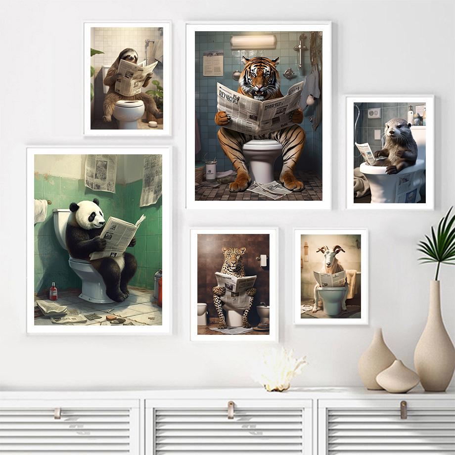 Забавный юмор для ванной комнаты, Настенный декор, Лев, Леопард, Тигр, сидящий на унитазе и читающий газету, постер, художественный принт, холст, живопись