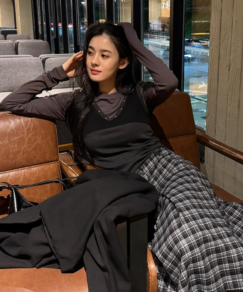 Place Studio Double Button Check Midi Layered Wrap Pleated Skirt [Check]