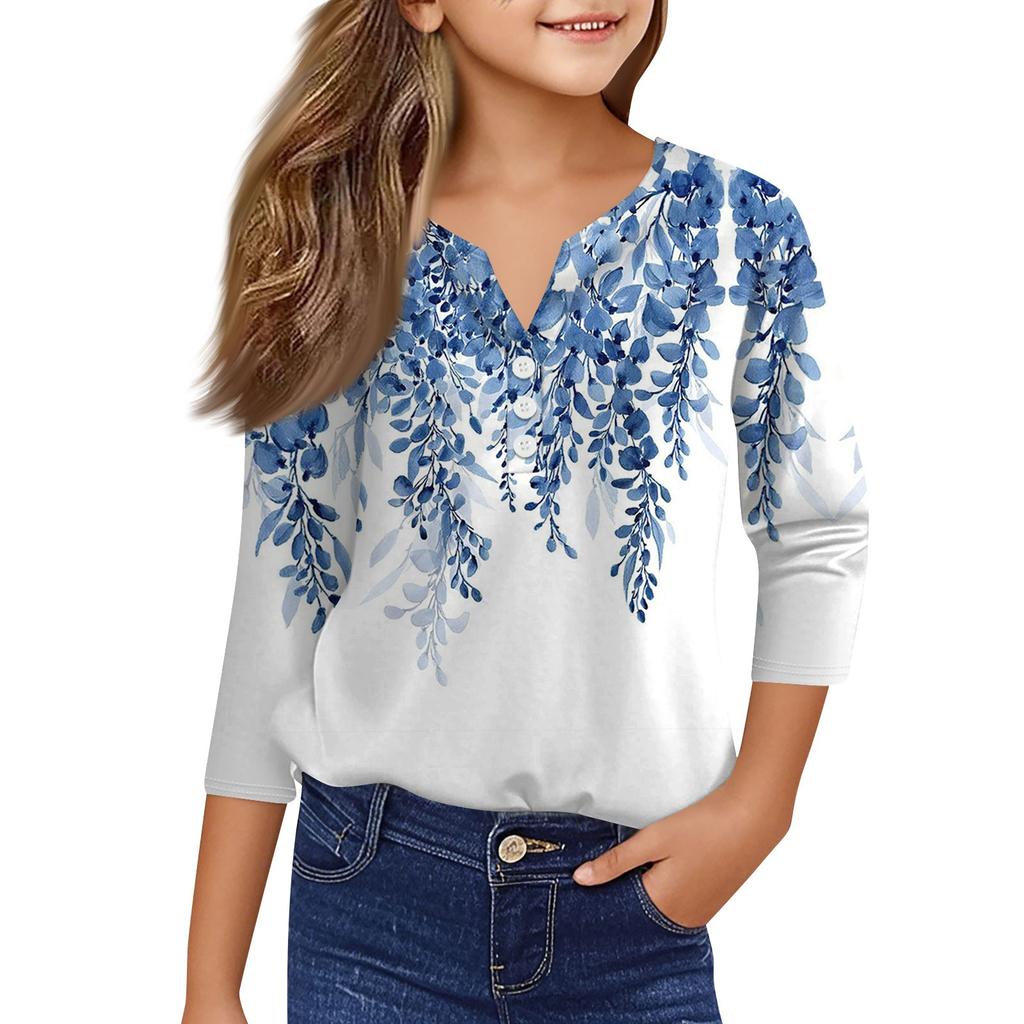 Повседневные модные топы для девочек с принтом, футболка с семью рукавами и пуговицами