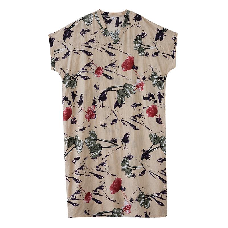 DIMANAF 2025 Лето Большой Размер Новое Платье Пляжное Повседневное Базовое Свободное V-образный вырез Женское Винтажный Принт Длинное Платье Макси