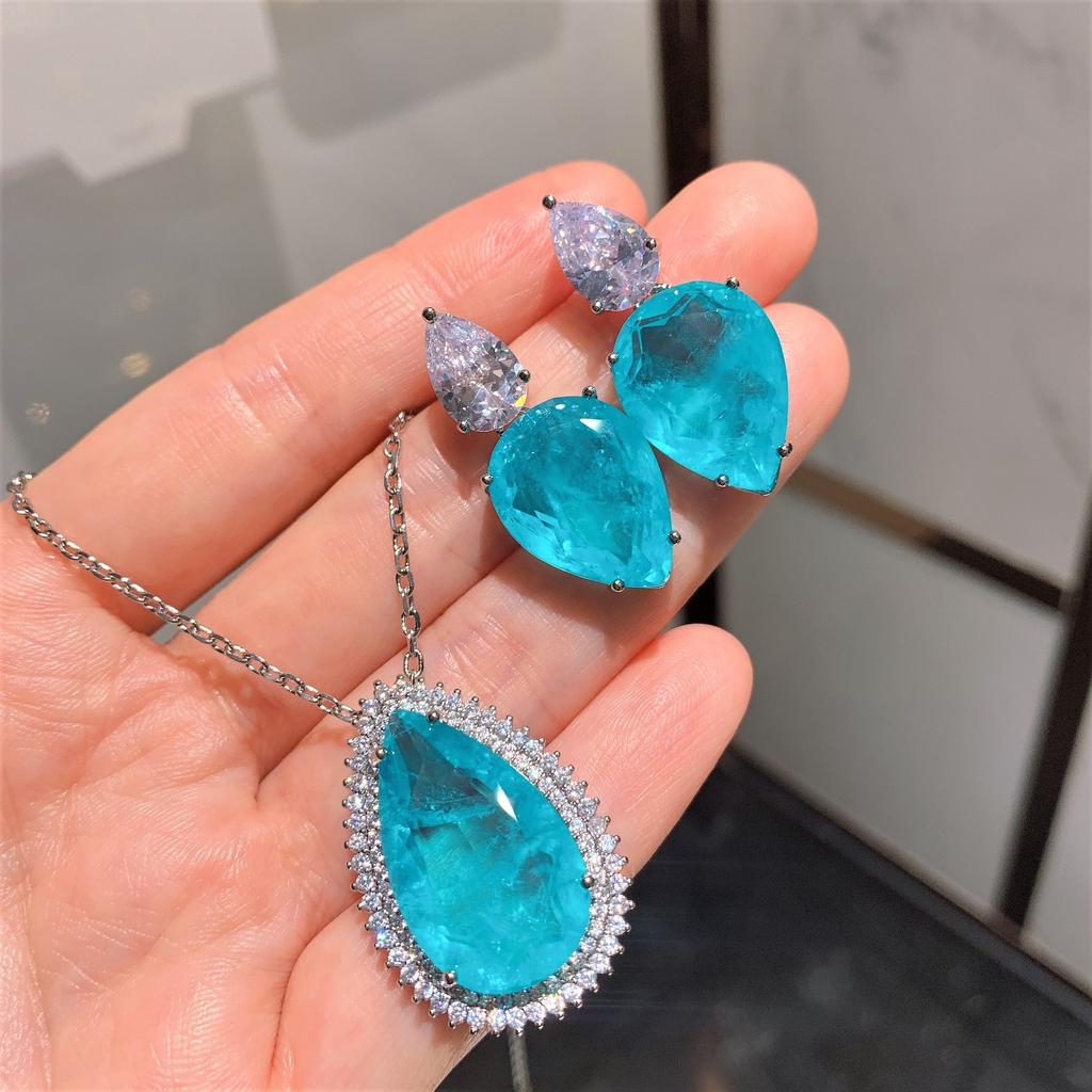 Jewelry Simulation Paraiba, Paraiba Blue Jewelry Set Pendant 15 * 25 Earrings 15 * 20