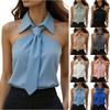 Женская Мода Однотонная Безрукавная Блузка-Майка с Воротником и Завязками