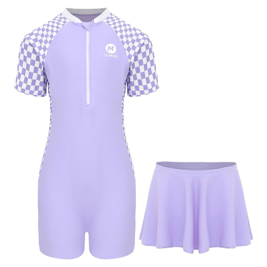 Girls 2 Piece Swim Set Boycut Bodysuit Swim Skirt Cover Up UPF 50+ Rashguard Bathing Suit