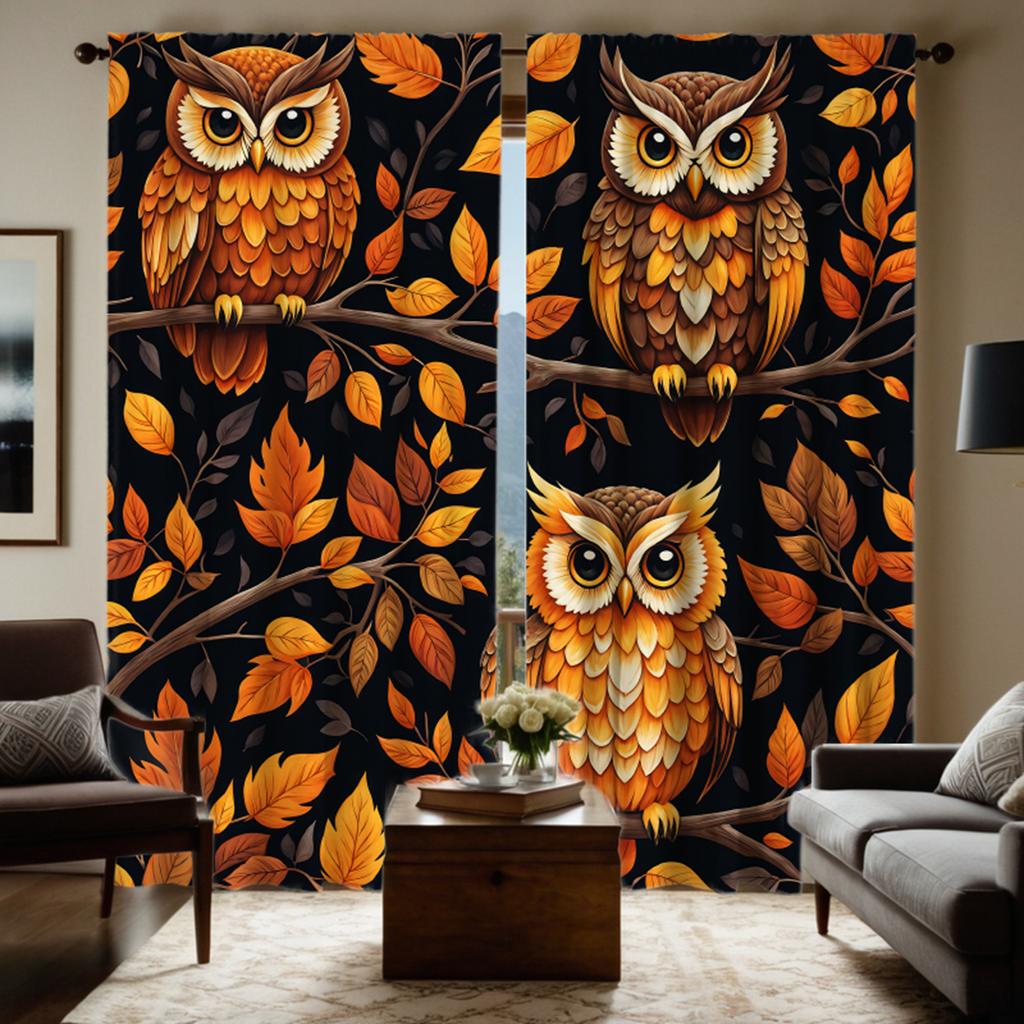 2 Pieces of HD Maple Tree Three Owl Curtains Yellow Tie Digital Printed Curtains Home Decoration Style Decorate Living Room Bedr