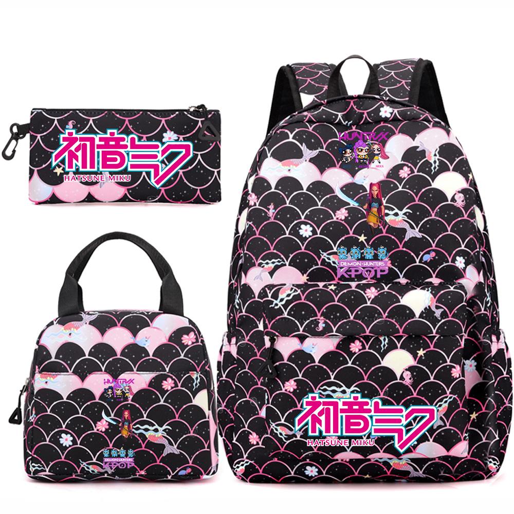 3Pcs/set Anime Cartoon Demon Hunters Printed Backpack Handbag Pencil Case for Teenger Student Girl Boy Large Capacity Waterproof Bookbag