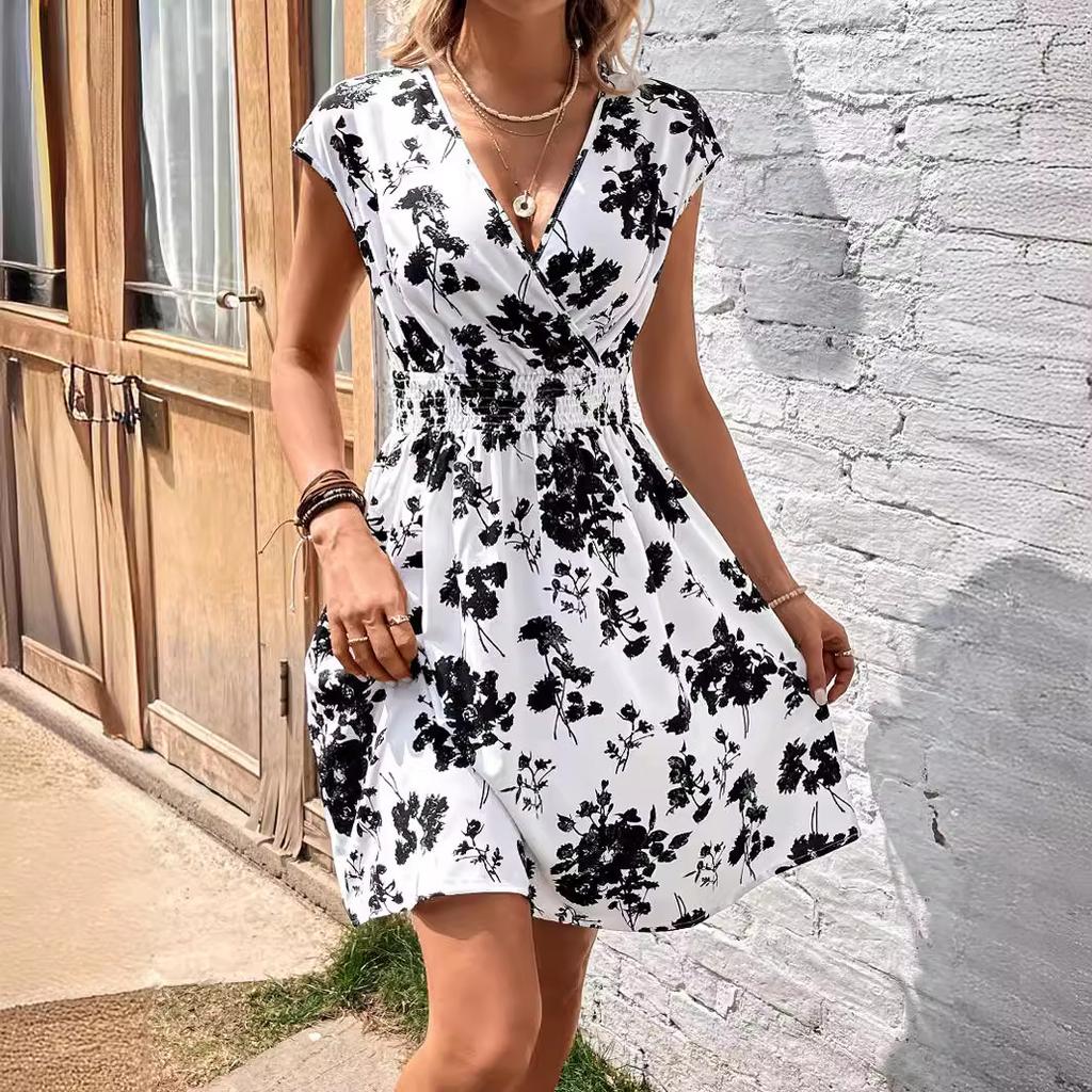YYFS Women's Fashion Summer Spring Flower Pattern Print Short Sleeve V-Neck High Waist Casual Dresses