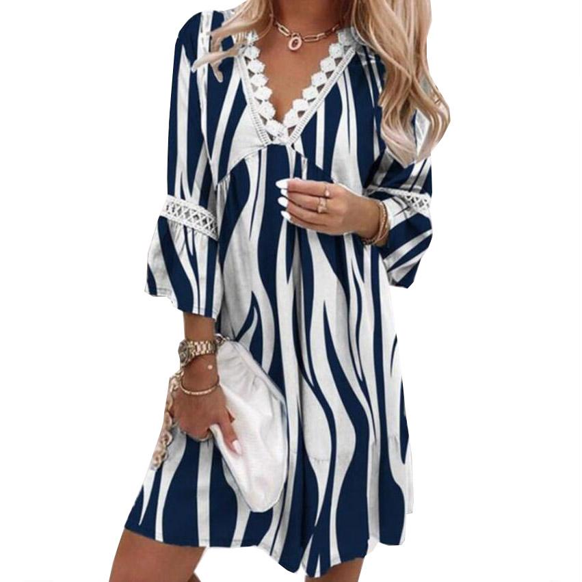 Летнее кружевное лоскутное платье с v-образным вырезом и рюшами, рукавами три четверти и цветочным принтом, женская одежда трапециевидной формы больших размеров