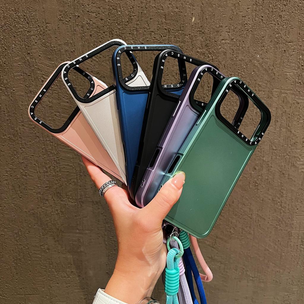 For iPhone 17 Pro Case Black Lens Frame Metal Paint Finish PC + TPU Phone Back Cover with Wrist Strap