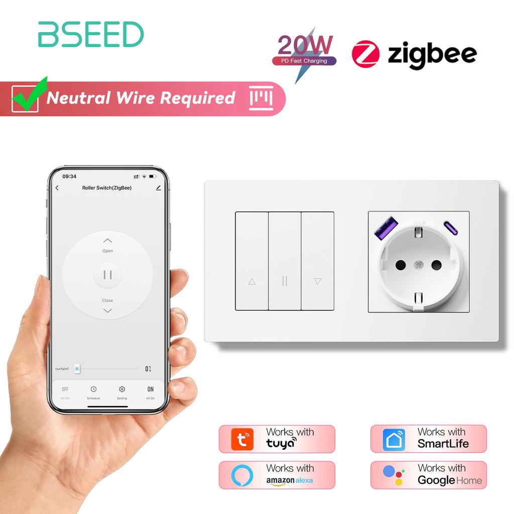 BSEED Zigbee Shutter Switch With Wall Sockets Wall Smart Click Switches Yellow Backlight Plastic Frame Tuya APP Roller Switch EU